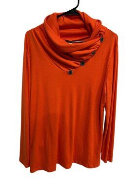 Weaczzy Orange Cowl Neck Button Accent Long Sleeve Top Sz L Retro 90s Minimalism